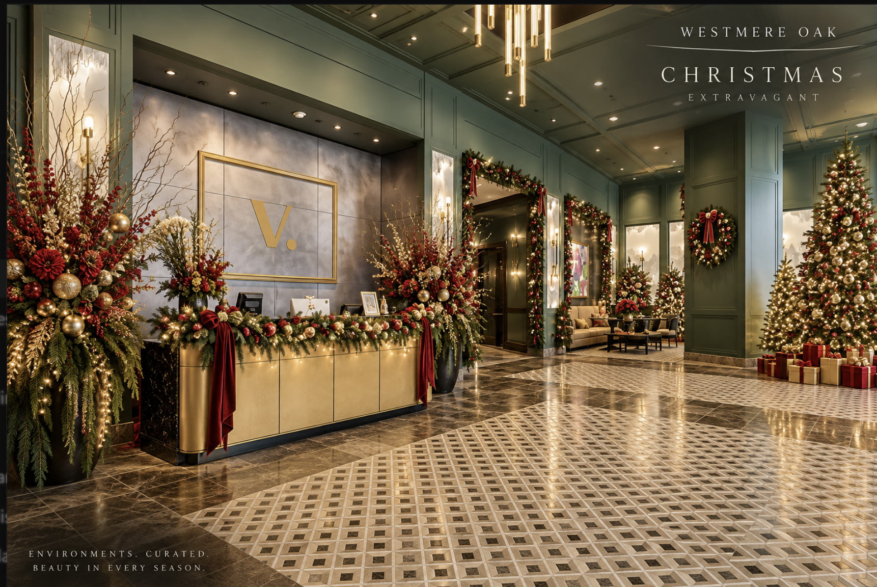 Illustrative holiday lobby with decorated trees, garlands and festive arrangements