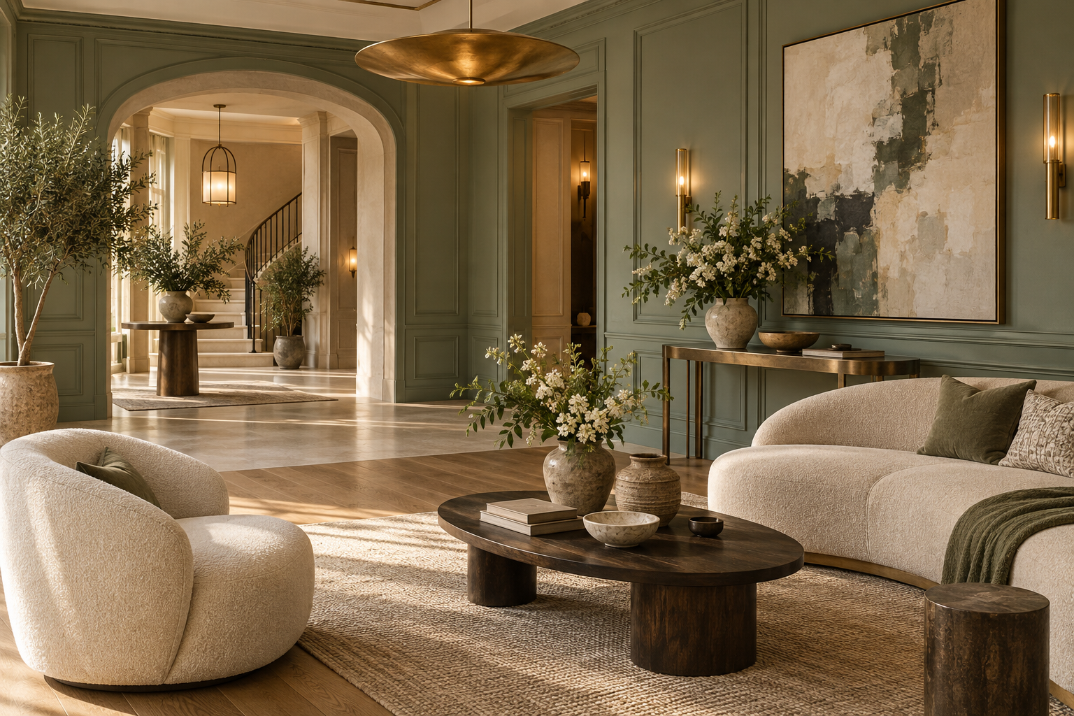 Illustrative interior concept with sage paneling, sculptural seating, warm wood and botanical styling